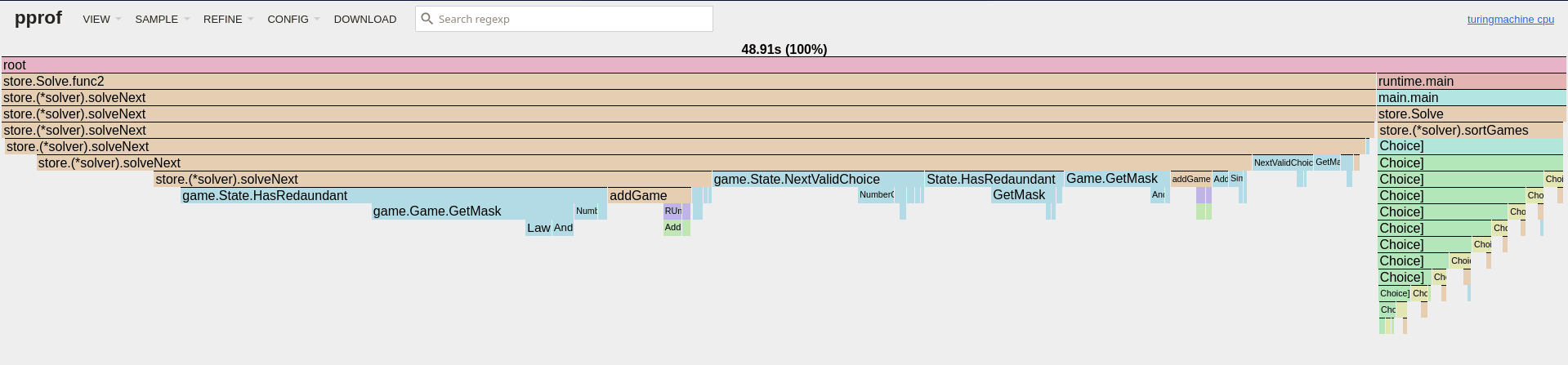 a CPU profile flame graph showing less time spent saving solutions